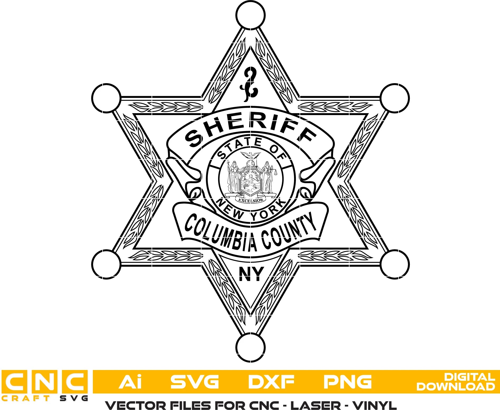 Columbia County Sheriff Badge SVG

New York Law Enforcement Vector Design

6-Point Star Sheriff Badge Engraving File

Columbia County NY Sign CNC File

State of New York Seal Vector for Laser Cutting