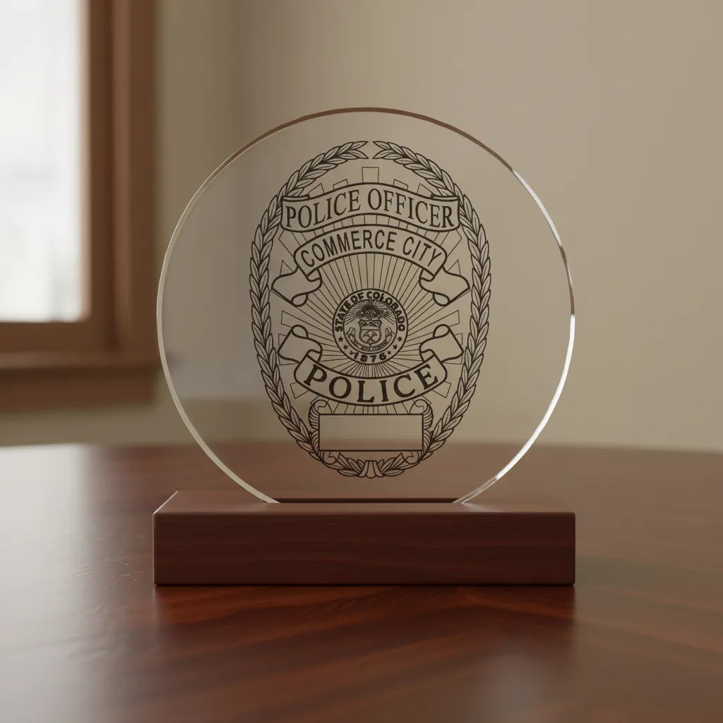 Commerce City Police Officer Badge SVG

Colorado Law Enforcement Vector Design

Laurel Wreath Police Badge Engraving File

Commerce City CO Police Sign CNC File

Colorado State Seal Badge Vector for Lasers