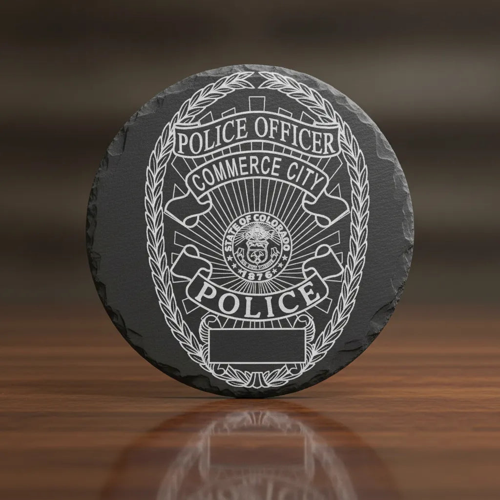 Commerce City Police Officer Badge SVG

Colorado Law Enforcement Vector Design

Laurel Wreath Police Badge Engraving File

Commerce City CO Police Sign CNC File

Colorado State Seal Badge Vector for Lasers
