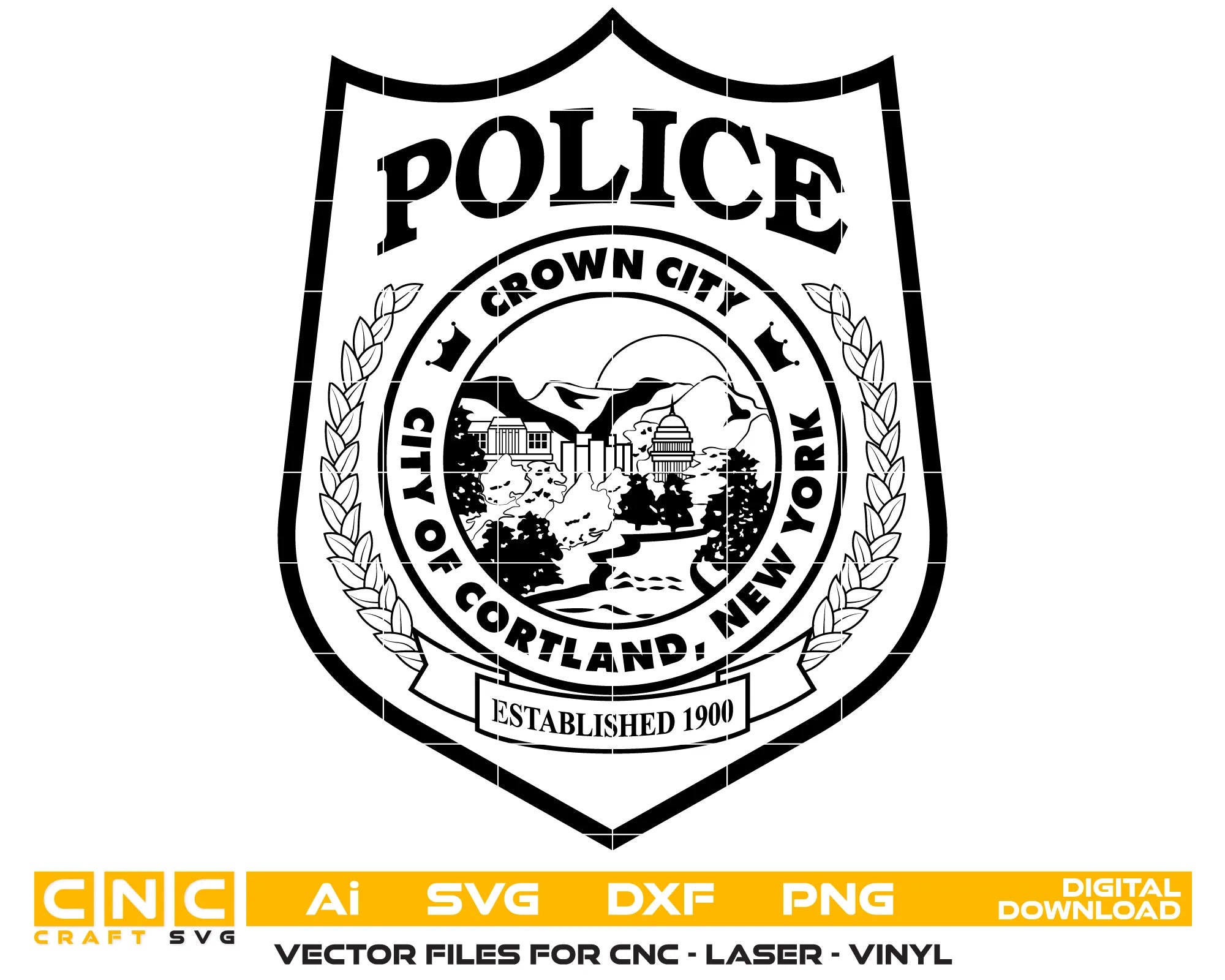 Cortland Police Patch SVG

New York Law Enforcement Vector

Crown City Shield Emblem

Officer Plaque Engraving File

Cortland Police Sign CNC File