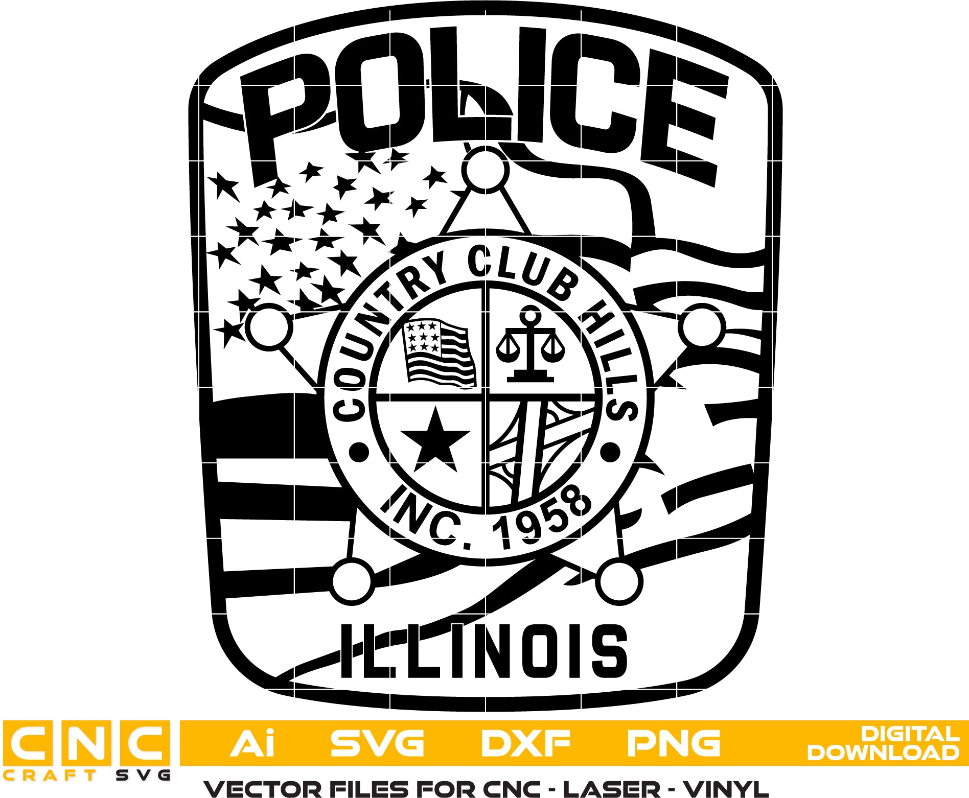 Country Club Hills Police Department Patch SVG

Illinois Law Enforcement Vector Design

American Flag Police Patch Engraving File

Country Club Hills IL Sign CNC File

City Seal Police Patch Vector for Lasers