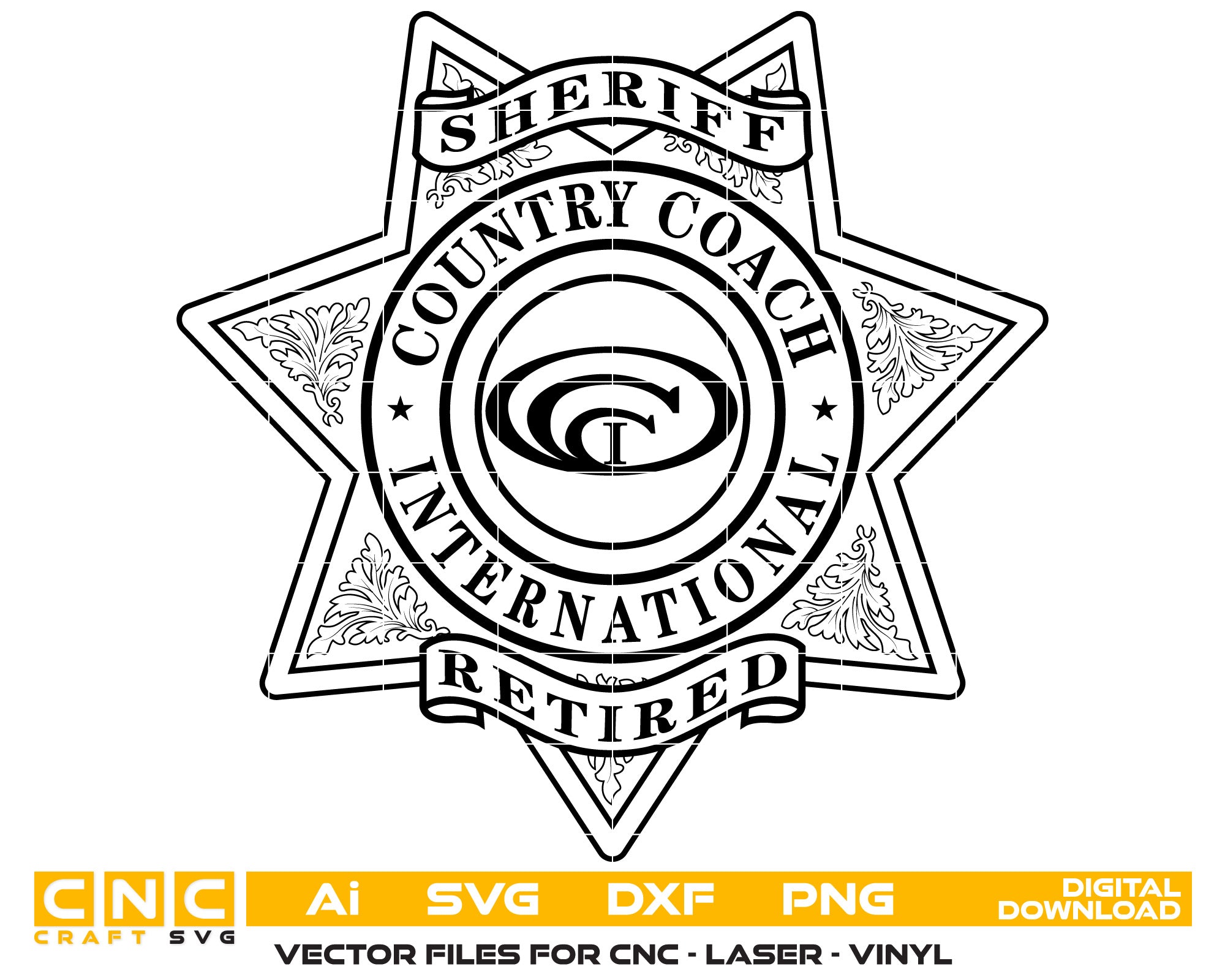 Country Coach International Sheriff Badge SVG

Retired Sheriff RV Club Vector Design

Motorhome Club Law Enforcement Emblem

Custom Badge for RV Owners

Country Coach Badge CNC File