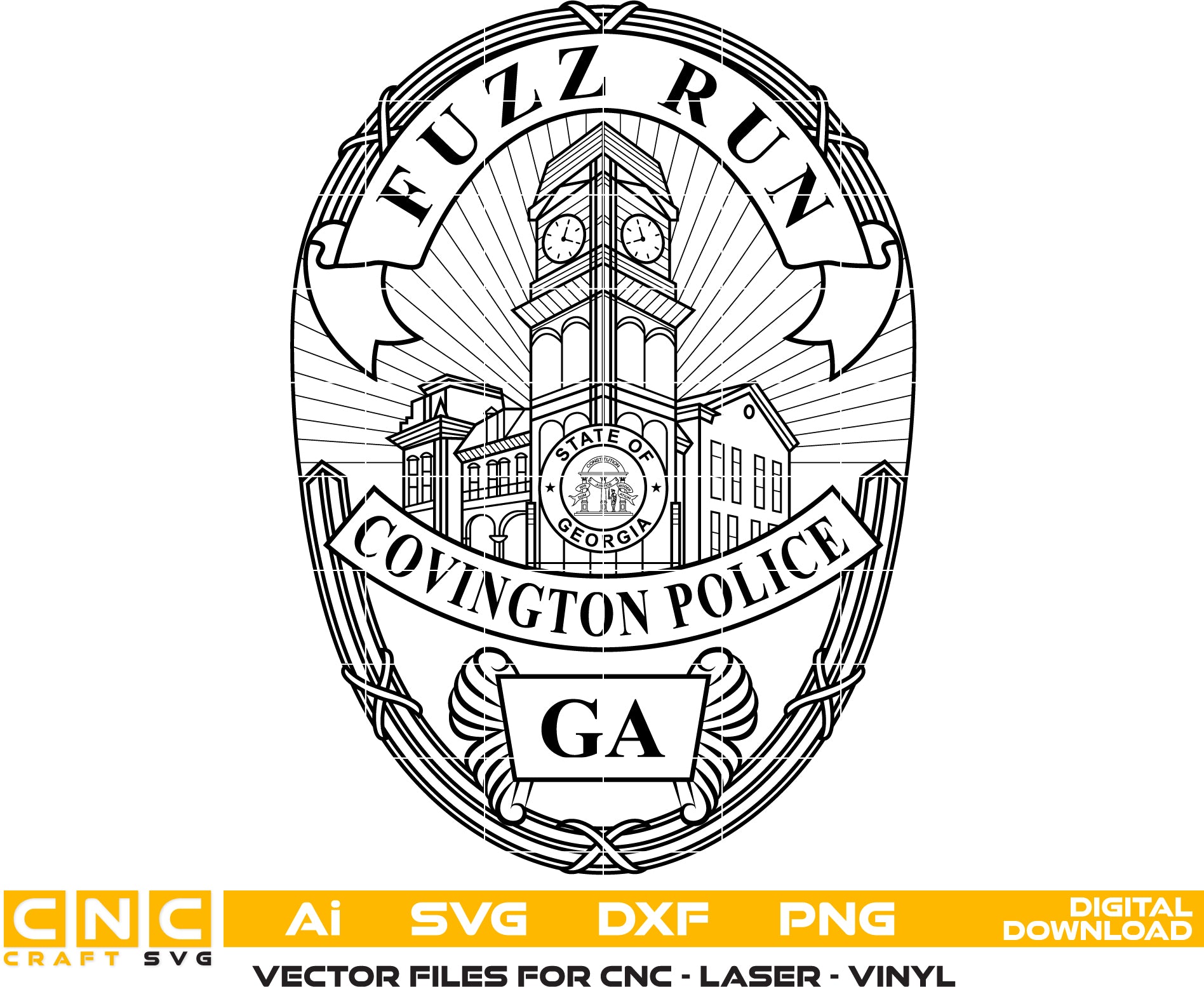 Covington Police Fuzz Run Badge SVG for CNC

Covington GA Police Fuzz Run Vector for Laser Engraving

Covington Georgia Police Clock Tower Emblem for Wood Carving

Professional Covington GA Law Enforcement Badge Design

Covington Fuzz Run SVG Logo for CNC Router Projects