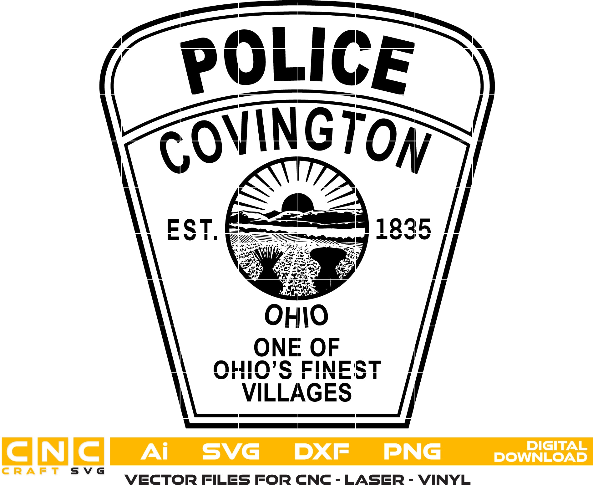 Covington Police Department Patch SVG

Ohio Law Enforcement Vector Design

Rural Sunrise Police Patch Engraving File

Covington OH Police Sign CNC File

Keystone Police Patch Vector for Lasers