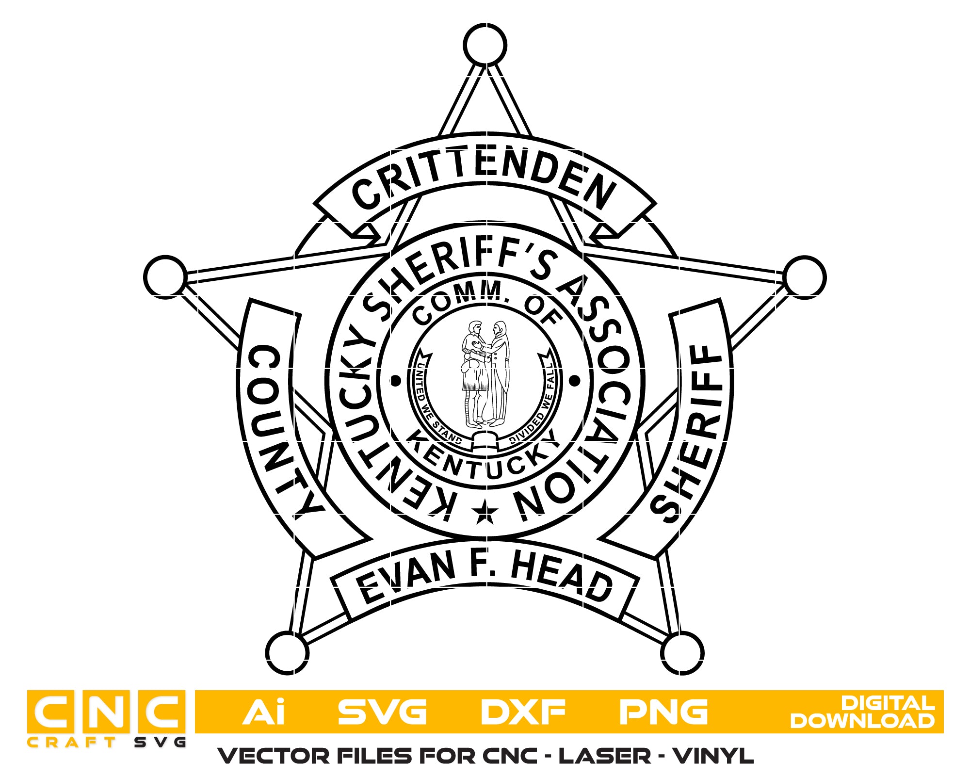 Crittenden County Kentucky Sheriff Star Badge SVG for CNC

Kentucky Sheriff's Association Badge Vector for Laser Engraving

Crittenden County KY Sheriff Emblem for Wood Carving

Professional Kentucky Law Enforcement Star Design

Crittenden County Sheriff SVG Logo for CNC Router Projects