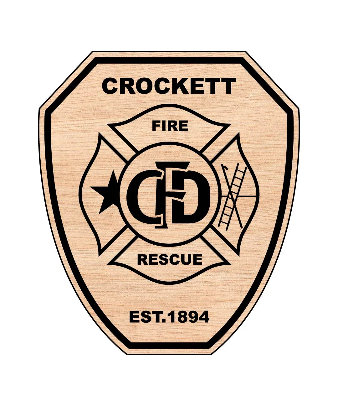 A wooden shield-shaped plaque or sign featuring a black fire department style emblem with the words 'CROCKETT FIRE RESCUE' and 'EST.1894' on a light wood grain background, shown on a plain white background.