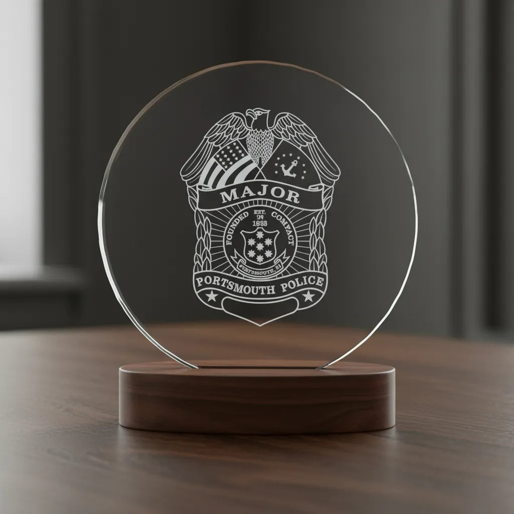 Glass plaque with police emblem and 'Major' title on a wooden base