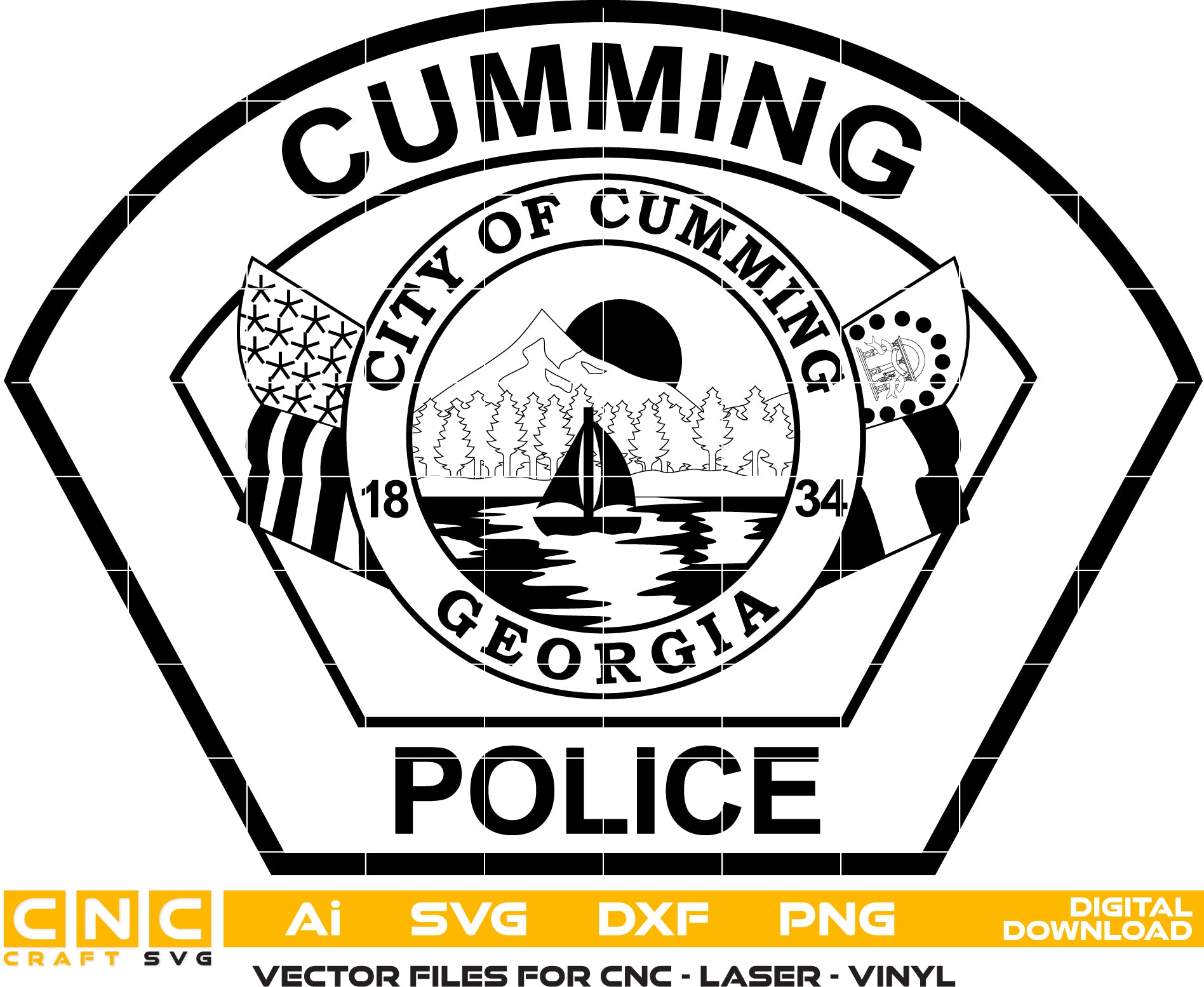 Cumming Police Department Patch SVG

Georgia Law Enforcement Vector Design

City of Cumming Seal Engraving File

Cumming GA Police Sign CNC File

Hexagonal Police Patch Vector for Lasers