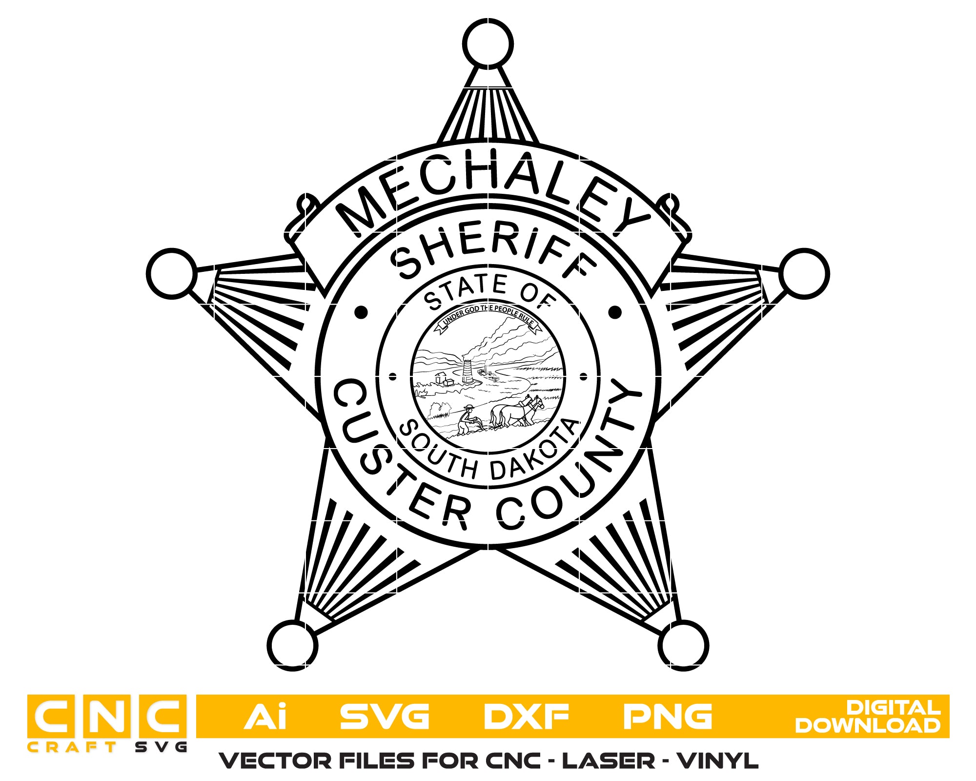 Custer County Sheriff Badge SVG

South Dakota Law Enforcement Vector

5-Point Star Sheriff Badge Engraving File

Custer County SD Sign CNC File

State of South Dakota Seal Vector for Laser Cutting