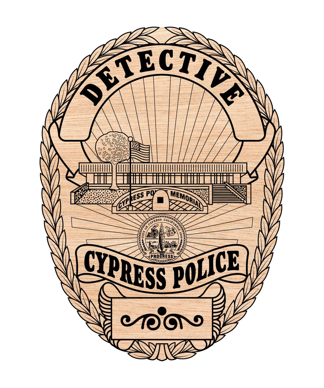 A vintage-style wooden detective badge for the Cypress Police, featuring engraved details of a police station, a tree, and an American flag on a light wood-grain background with black outlines.