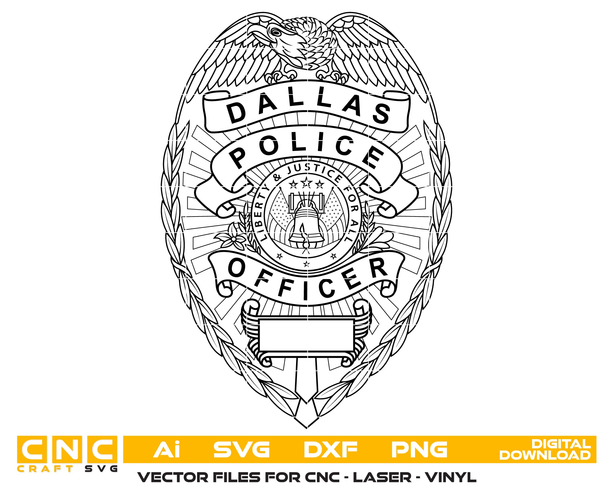 Dallas Police Officer Badge SVG

Liberty Bell Law Enforcement Vector

Police Eagle Shield Emblem

Officer Plaque Engraving File

Dallas Police Sign CNC File