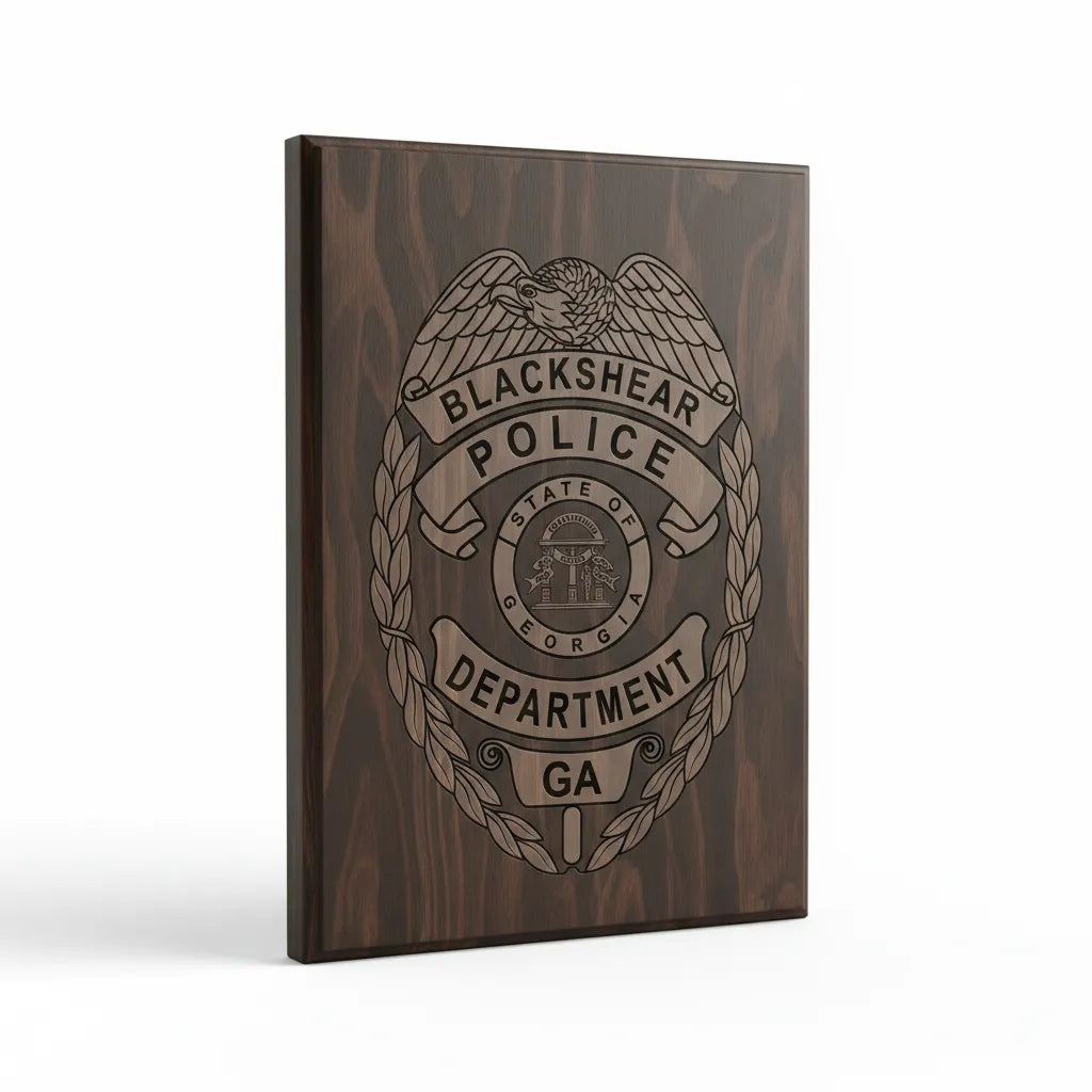 Blackshear Police Badge SVG

Georgia Law Enforcement Vector Design

5-Point Star Police Badge Engraving File

Blackshear GA Police Sign CNC File

State of Georgia Seal Vector for Laser Cutting