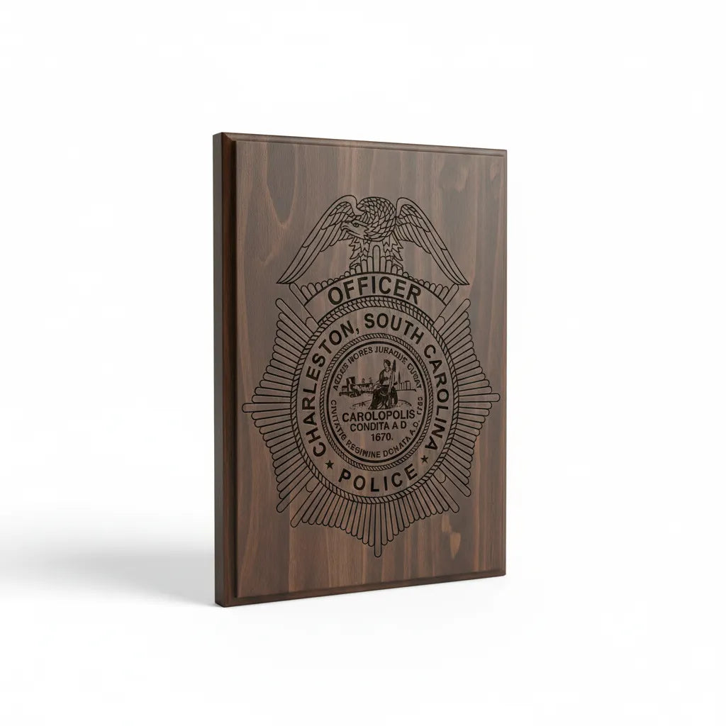 Charleston Police Officer Badge SVG

South Carolina Law Enforcement Vector Design

Eagle Sunburst Police Badge Engraving File

Charleston SC Police Sign CNC File

Historic City Seal Badge Vector for Laser Cutting