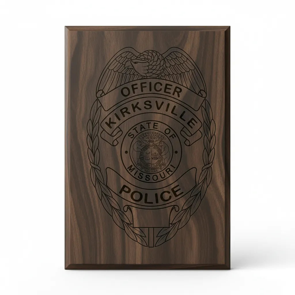 Kirksville Police Officer Badge SVG

Missouri Law Enforcement Vector Design

Eagle Police Badge Engraving File

Kirksville MO Police Sign CNC File

State of Missouri Seal Vector for Laser Cutting
