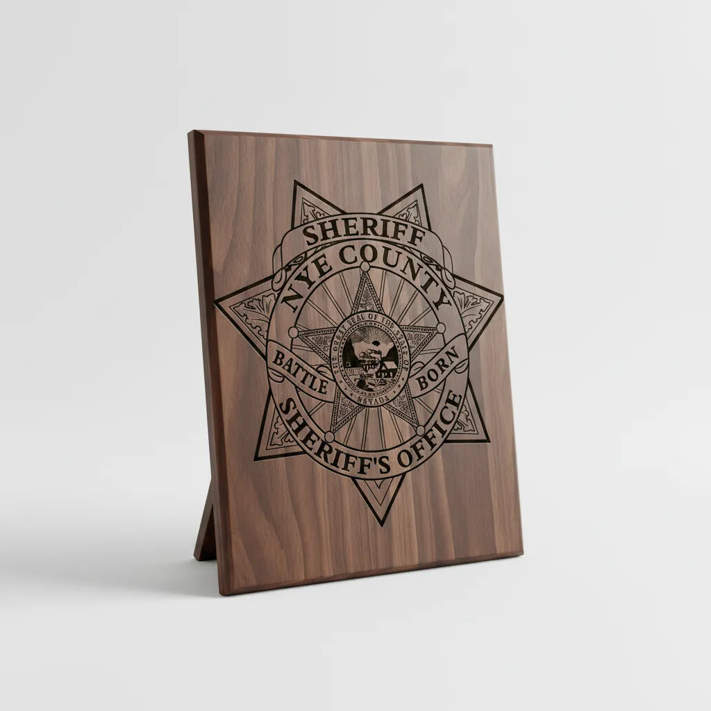 Nye County Sheriff Badge SVG

Nevada Law Enforcement Vector Design

7-Point Star Sheriff Badge Engraving File

Nye County NV Sheriff Sign CNC File

Nevada State Seal Police Vector for Lasers