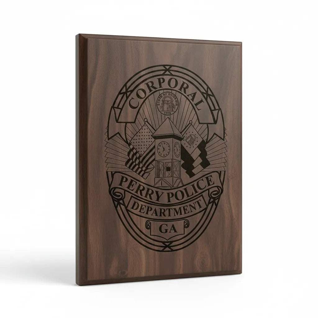 Perry Police Officer Badge SVG

Georgia Law Enforcement Vector Design

Eagle Shield Police Badge Engraving File

Perry GA Police Sign CNC File

State of Georgia Seal Vector for Lasers