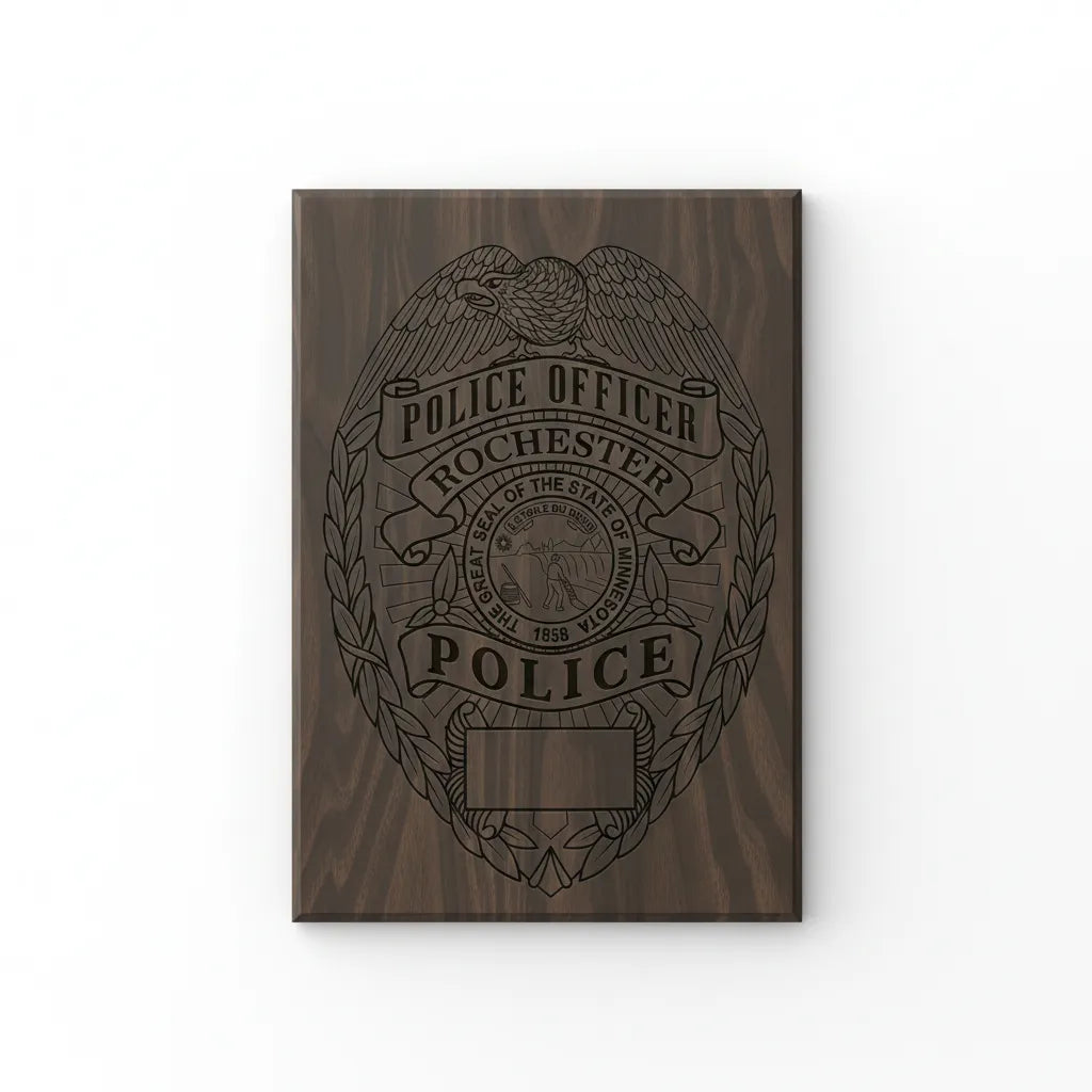 Rochester Police Officer Badge SVG

Minnesota Law Enforcement Vector Design

Eagle Police Badge Engraving File

Rochester MN Police Sign CNC File

State of Minnesota Seal Vector for Laser Cutting