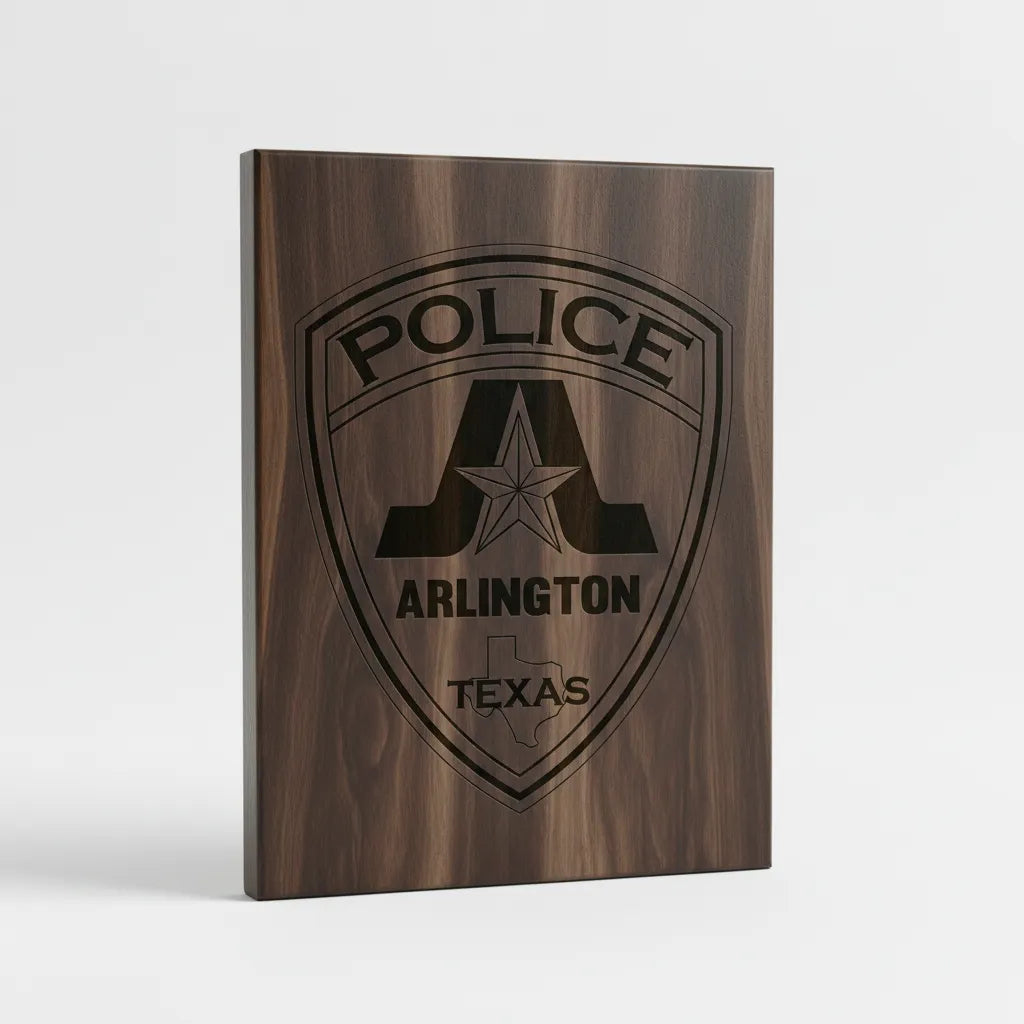 High-detail vector line art of the "Texas Arlington Police Badge.jpg" featuring a shield badge with a large stylized letter A, a lone star, and the Texas state map.