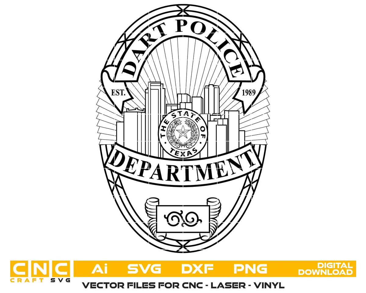 DART Police Department Texas badge SVG vector featuring Texas state seal, city skyline and detailed line art for laser engraving, CNC and printing.
