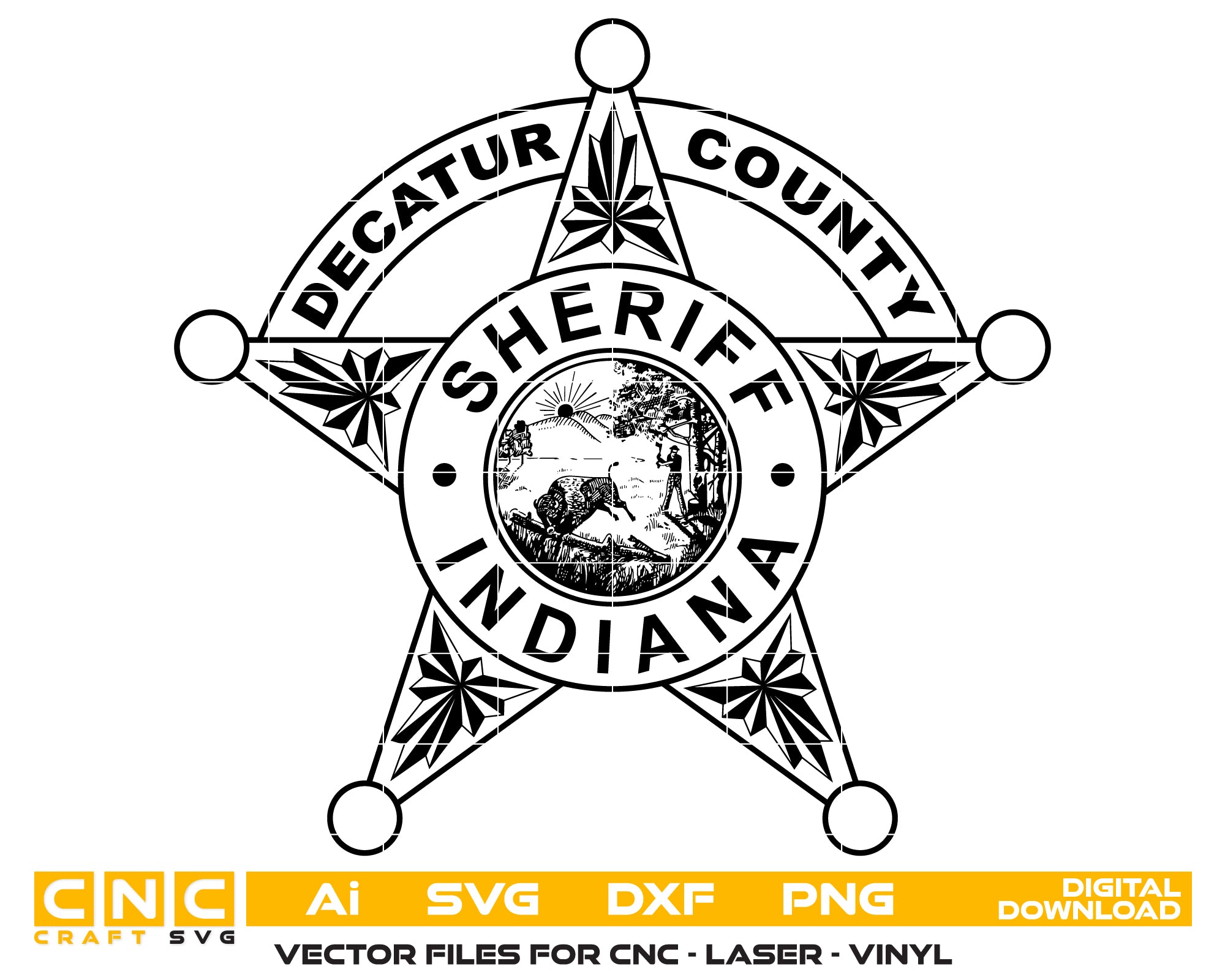 Decatur County Indiana Sheriff Star Badge SVG for CNC

Decatur County IN Sheriff Star Vector for Laser Engraving

Decatur County Indiana Law Enforcement Emblem for Wood Carving

Professional Indiana Sheriff Star Badge Vector Design

Decatur County Sheriff SVG Logo for CNC Router Projects