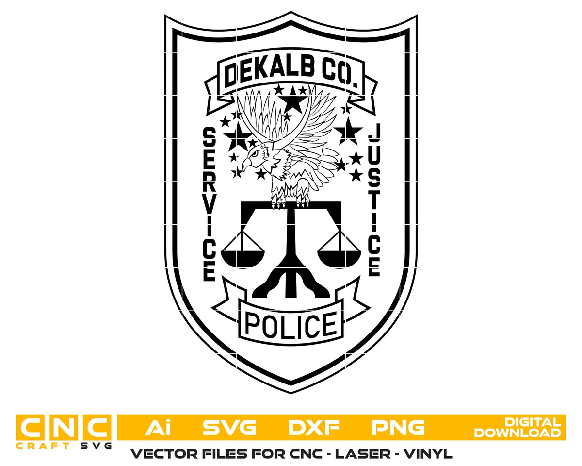 DeKalb County Police badge SVG vector with eagle, stars and scales of justice, detailed line art for laser engraving, CNC, decals and printing.