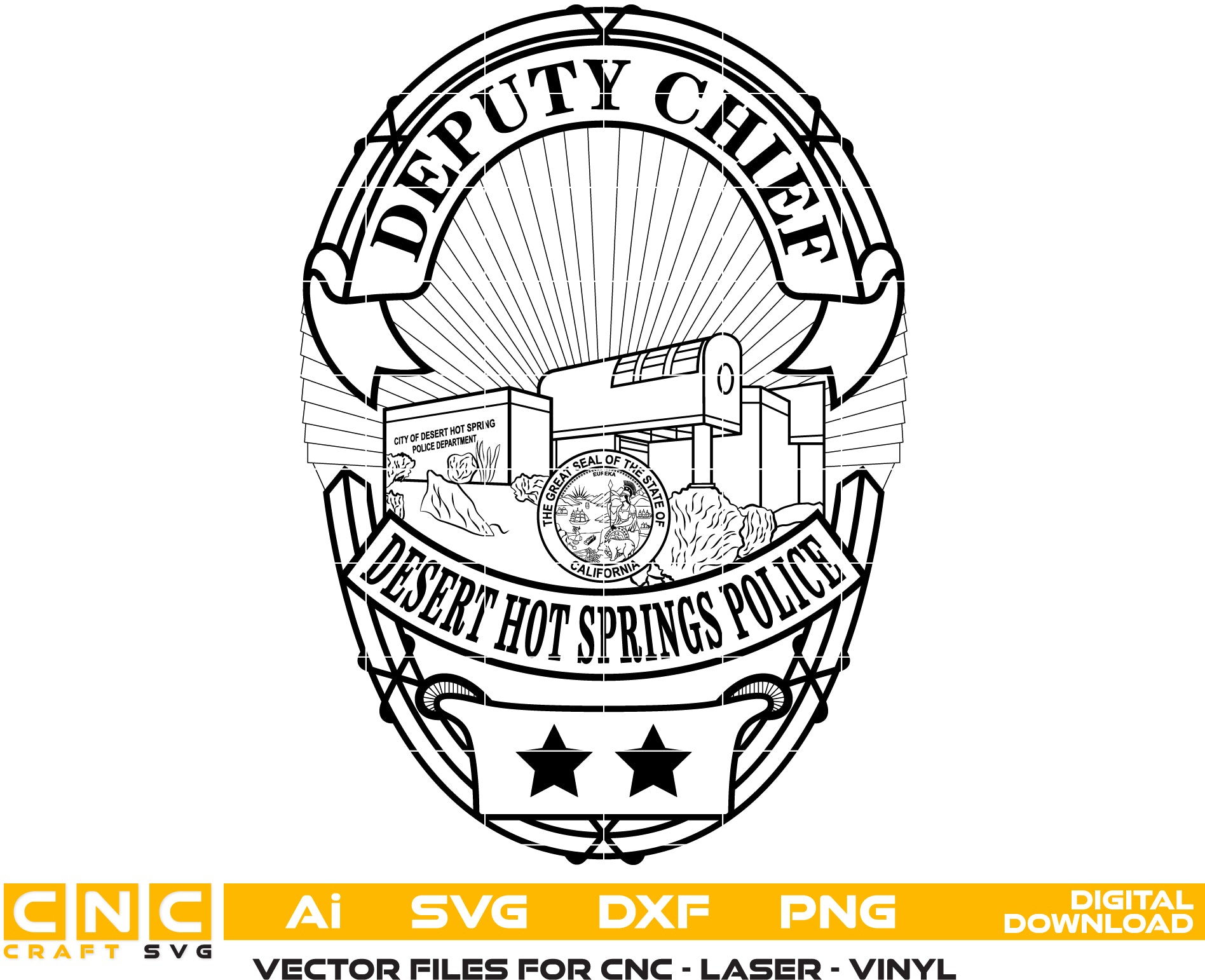 Desert Hot Springs Police Deputy Chief Badge SVG for CNC

Desert Hot Springs CA Police Badge Vector for Laser Engraving

California Deputy Chief Police Emblem for Wood Carving

Professional Desert Hot Springs Law Enforcement Shield Design

Desert Hot Springs Police SVG Logo for CNC Router Projects
