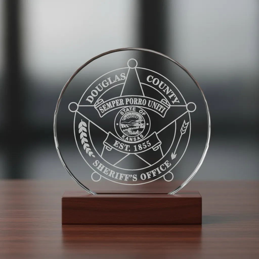 Douglas County Sheriff Badge SVG

Kansas Law Enforcement Vector Design

Semper Porro Uniti Badge Engraving File

Douglas County KS Sign CNC File

Kansas State Seal Star Badge Vector for Lasers