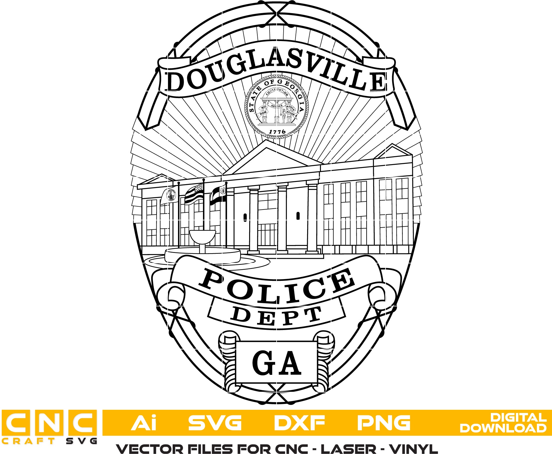Douglasville Police Department Badge SVG

Georgia Law Enforcement Vector Design

Civic Building Police Badge Engraving File

Douglasville GA Police Sign CNC File

Oval Sunburst Badge Vector for Lasers