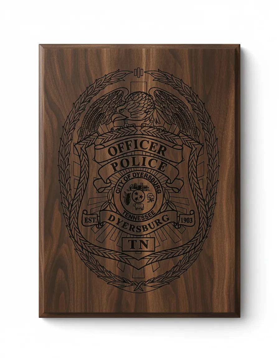 Dyersburg Police Officer Badge SVG

Tennessee Law Enforcement Vector Design

Eagle Police Badge Engraving File

Dyersburg TN Police Sign CNC File

City Seal Badge Vector for Laser Cutting