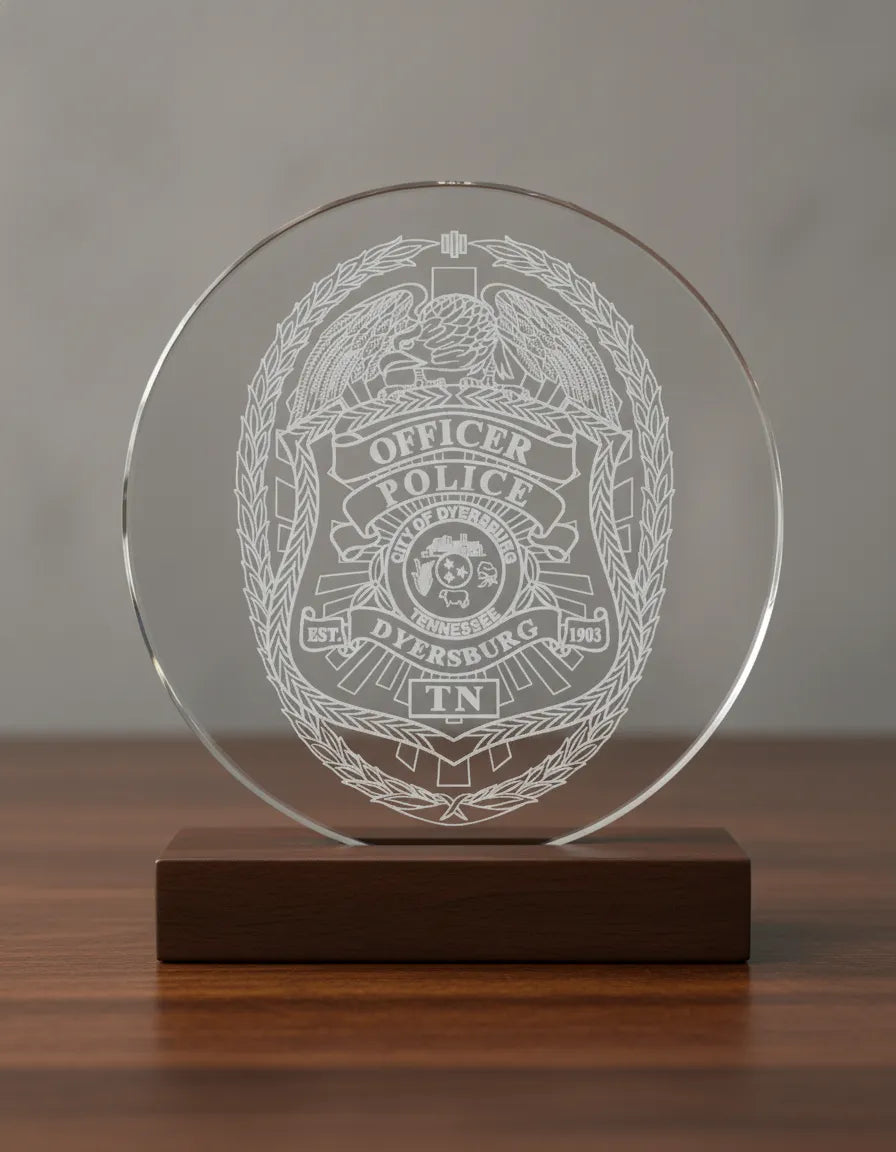 Dyersburg Police Officer Badge SVG

Tennessee Law Enforcement Vector Design

Eagle Police Badge Engraving File

Dyersburg TN Police Sign CNC File

City Seal Badge Vector for Laser Cutting