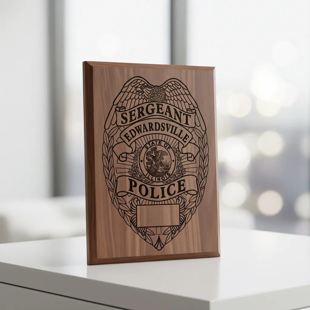 Edwardsville Police Sergeant Badge SVG

Illinois Law Enforcement Vector Design

Eagle Police Badge Engraving File

Edwardsville IL Police Sign CNC File

State of Illinois Seal Vector for Laser Cutting