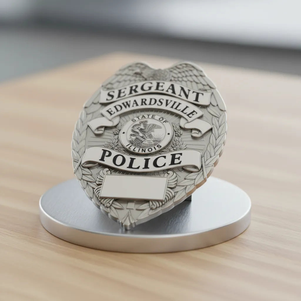 Edwardsville Police Sergeant Badge SVG

Illinois Law Enforcement Vector Design

Eagle Police Badge Engraving File

Edwardsville IL Police Sign CNC File

State of Illinois Seal Vector for Laser Cutting