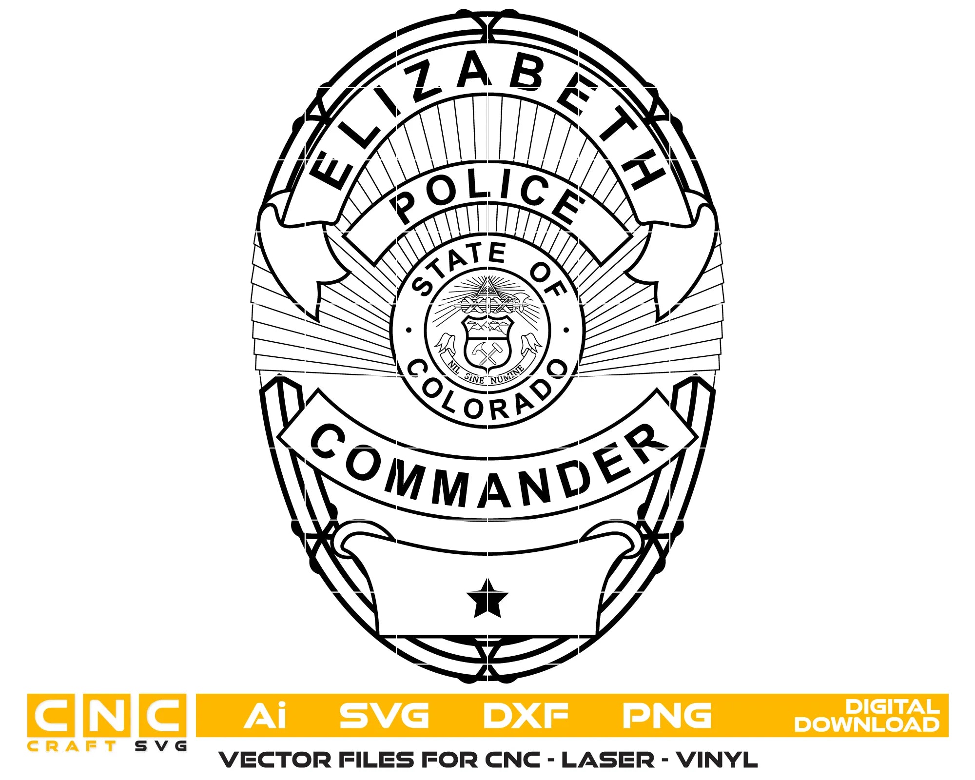 Elizabeth Police Commander Badge SVG

Colorado Law Enforcement Vector

Police Oval Badge State Seal Emblem

Commander Plaque Engraving File

Elizabeth Police Sign CNC File