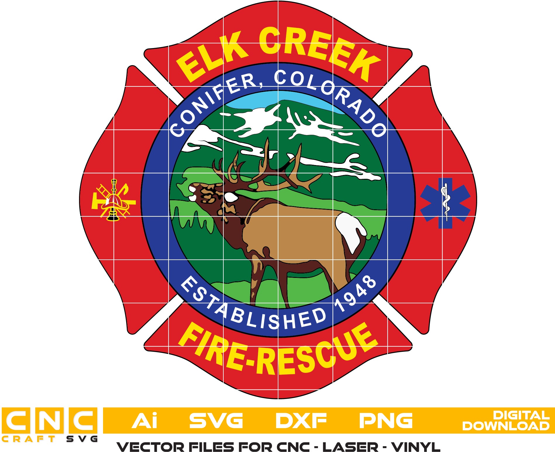 Elk Creek Fire Protection District Badge SVG

Conifer Colorado Firefighter Vector Design

Elk and Mountains Fire Rescue Engraving File

Full Color Maltese Cross Sign CNC File

Firefighter Scramble and Star of Life Vector