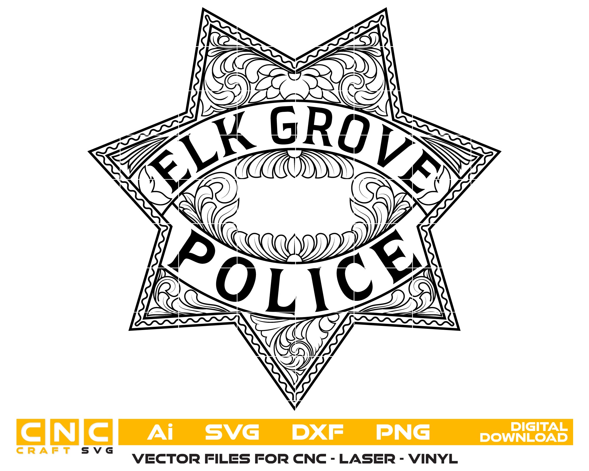 Elk Grove Police Department Badge SVG

6-Point Star Law Enforcement Vector Design

Western Filigree Police Badge Engraving File

Elk Grove Police Sign CNC File

Star Badge Vector for Laser Cutting
