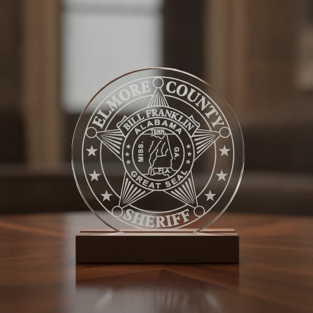 Elmore County Sheriff Badge SVG

Alabama Law Enforcement Vector

Elmore County Sheriff Emblem

Officer Plaque Engraving File

Sheriff Badge Sign CNC File
