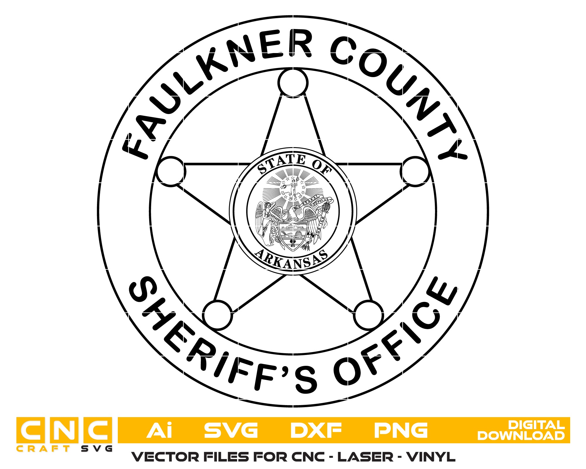 Faulkner County Sheriffs Office Badge SVG

Arkansas Law Enforcement Vector

State of Arkansas Seal Emblem

5-Point Star Engraving File

Faulkner County Sign CNC Router File