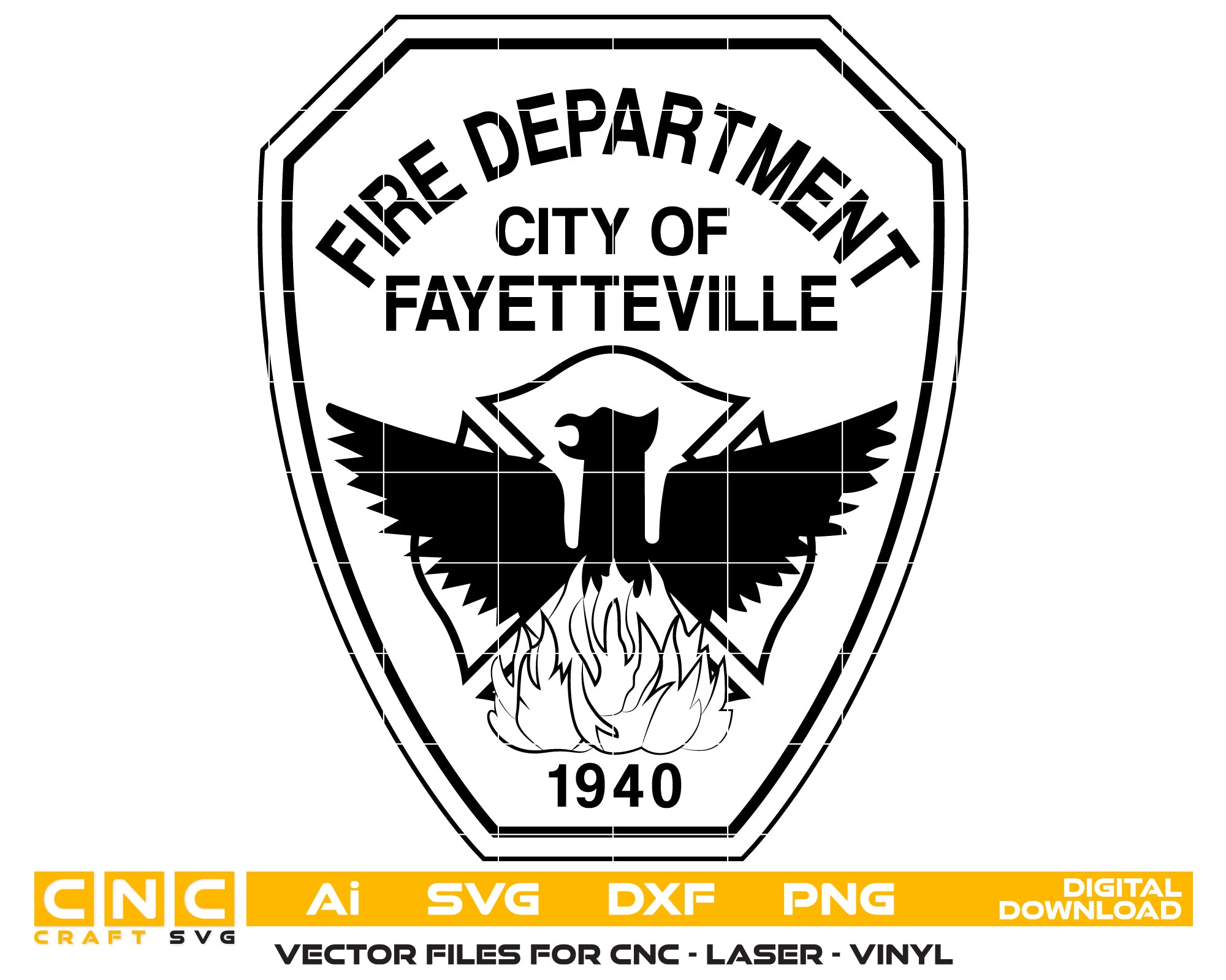 Fayetteville Fire Department Patch SVG

City of Fayetteville Firefighter Vector

Phoenix Rising From Flames Engraving File

Firehouse Shield Patch Sign CNC File

Maltese Cross Fire Rescue Vector for Lasers