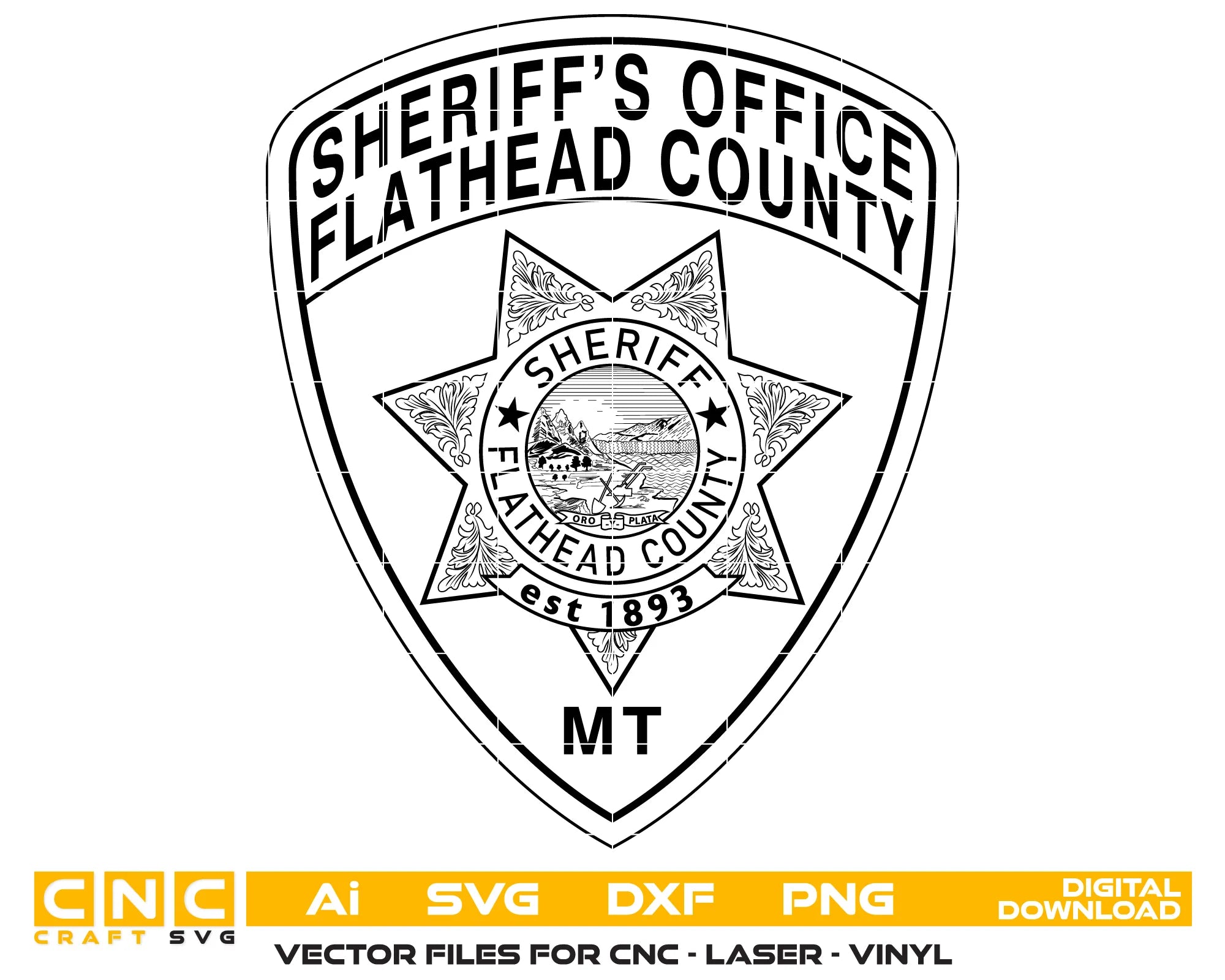Flathead County Sheriff Patch SVG

Montana Law Enforcement Vector Design

6-Point Star Shield Engraving File

Flathead County MT Sheriff Sign CNC File

Oro y Plata Mountain Seal Vector for Laser Cutting