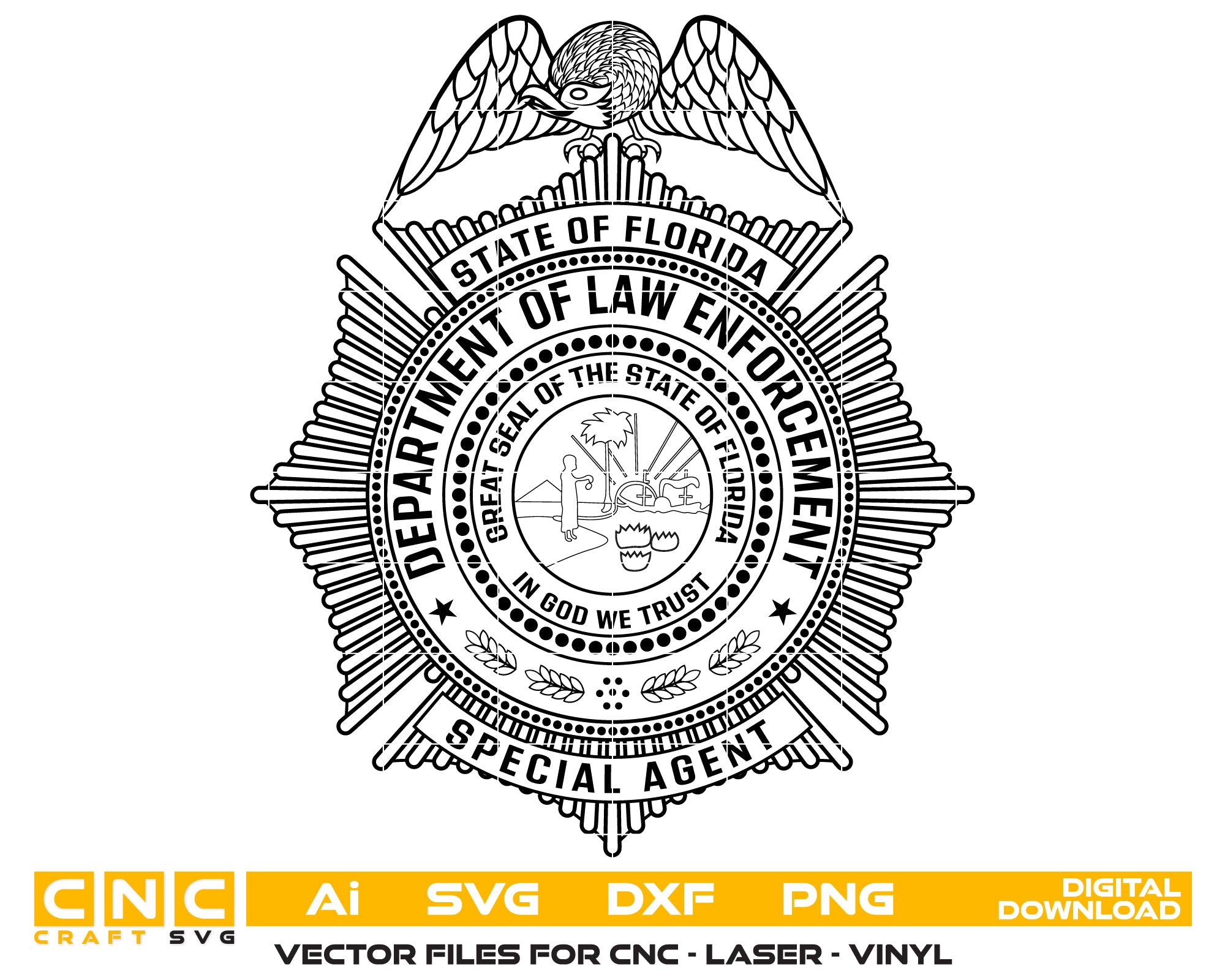 Florida Dept of Law Enforcement Badge SVG

Florida Law Enforcement Vector Design

FDLE Special Agent Badge Engraving File

Florida State Seal Sign CNC File

Starburst Eagle Badge Vector for Lasers