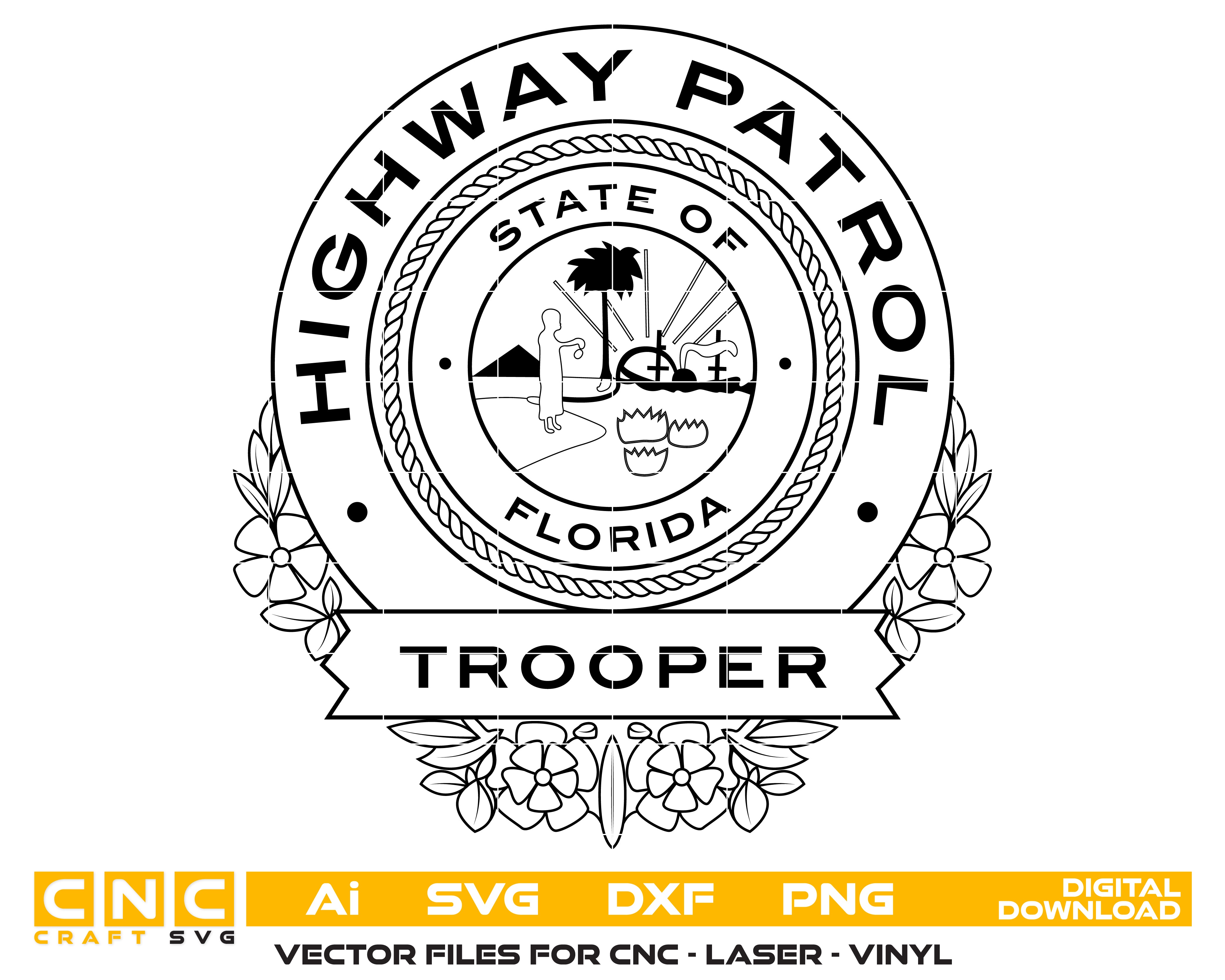 Florida Highway Patrol Trooper Badge SVG

FHP Law Enforcement Vector Design

Florida State Seal Police Emblem

Trooper Badge for Laser Engraving

Highway Patrol Florida CNC File