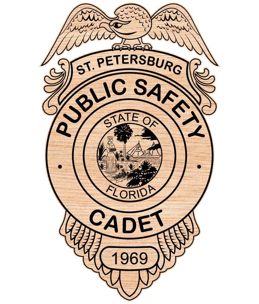 St. Petersburg Public Safety Cadet Badge SVG

Florida Police Cadet Vector Design

St. Pete Public Safety Emblem

Law Enforcement Cadet Badge for Engraving

Florida State Seal Badge CNC File