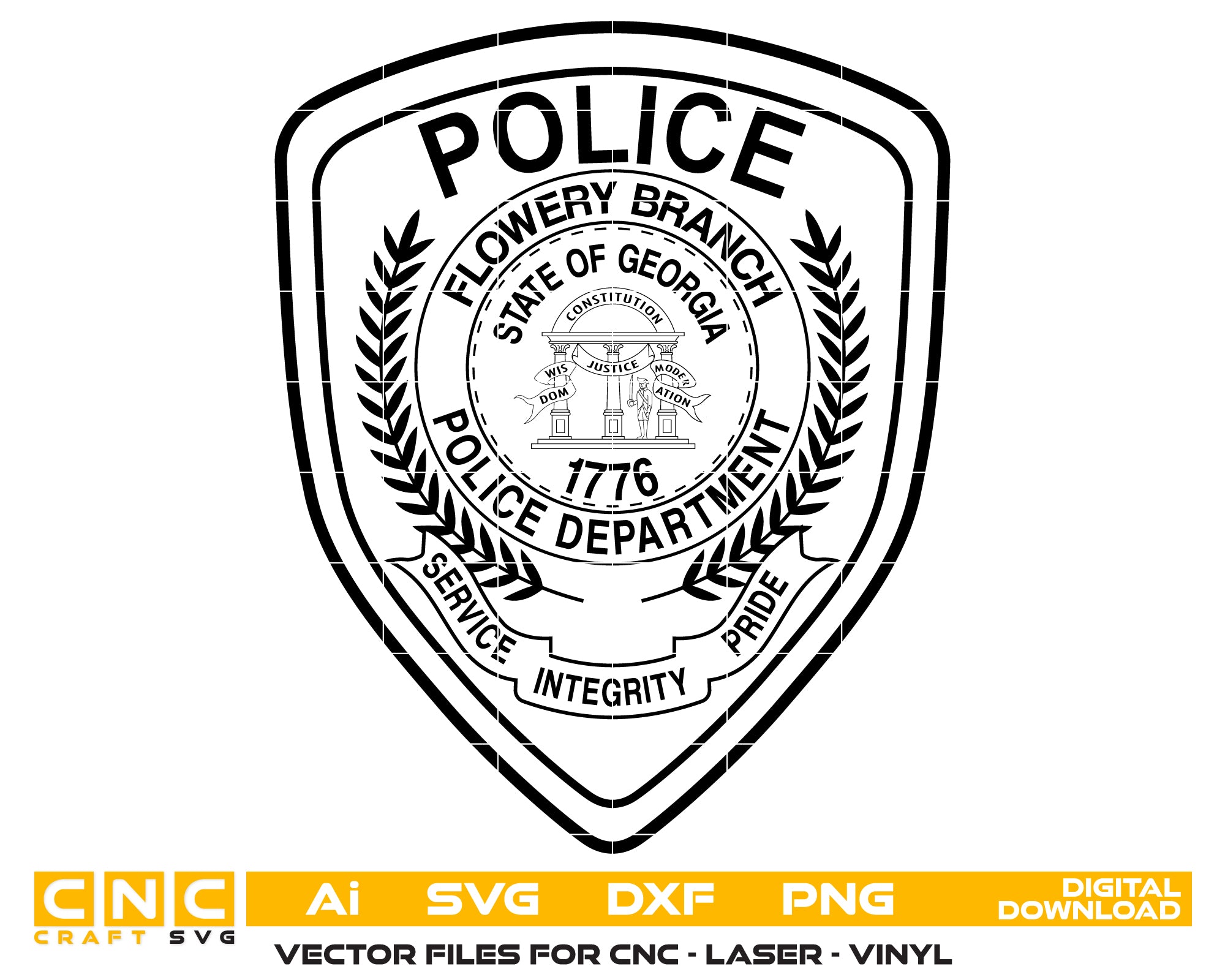 Flowery Branch Police Department Patch SVG

Georgia Law Enforcement Vector Design

State of Georgia Seal Police Engraving File

Flowery Branch GA Police Sign CNC File

Service Integrity Pride Patch Vector for Lasers