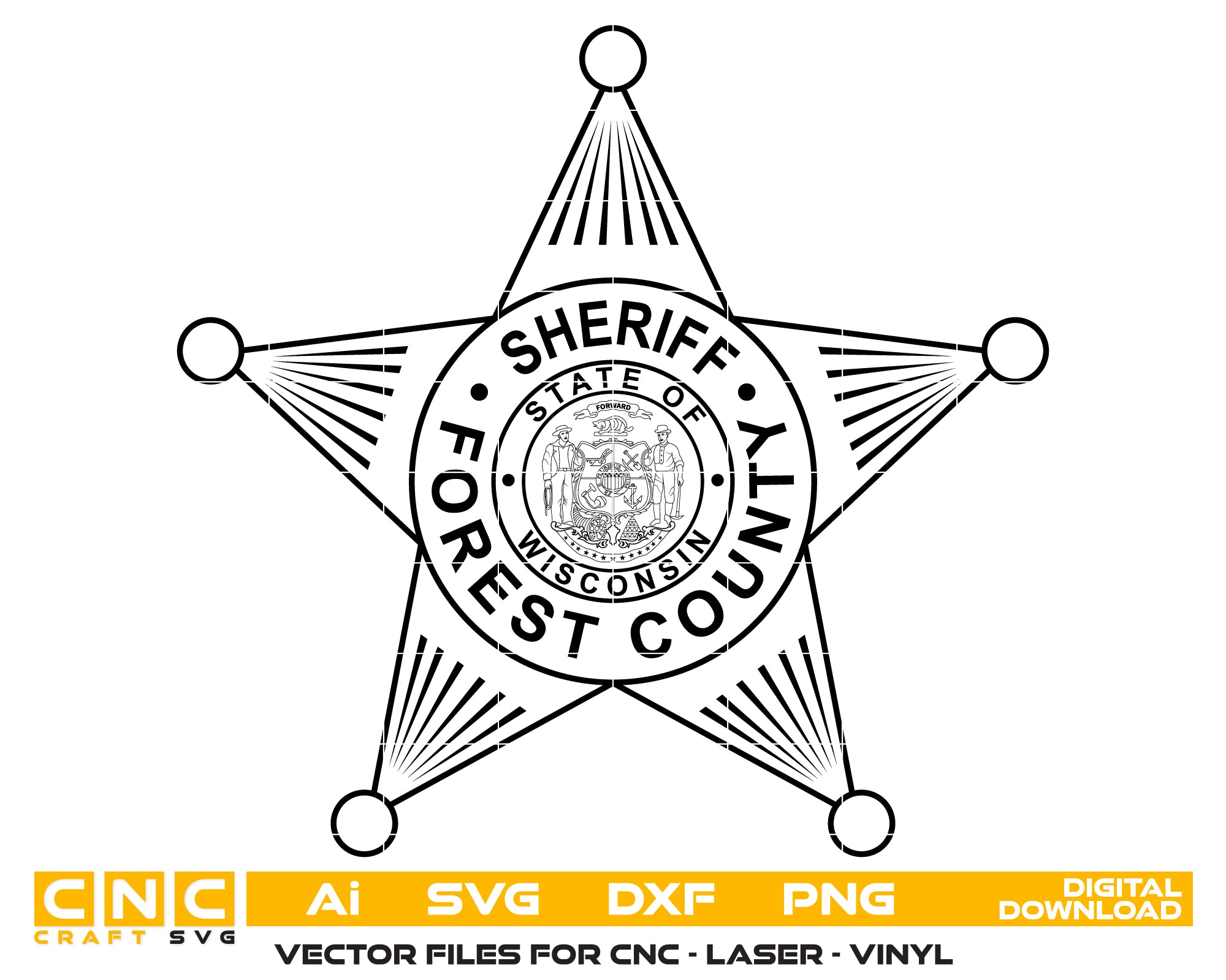 Forest County Sheriff Badge SVG for CNC

Forest County WI Sheriff Vector for Laser Engraving

Wisconsin Law Enforcement Emblem for Wood Carving

Professional Forest County Sheriff Shield Design

Forest County Sheriff SVG Logo for CNC Router Projects