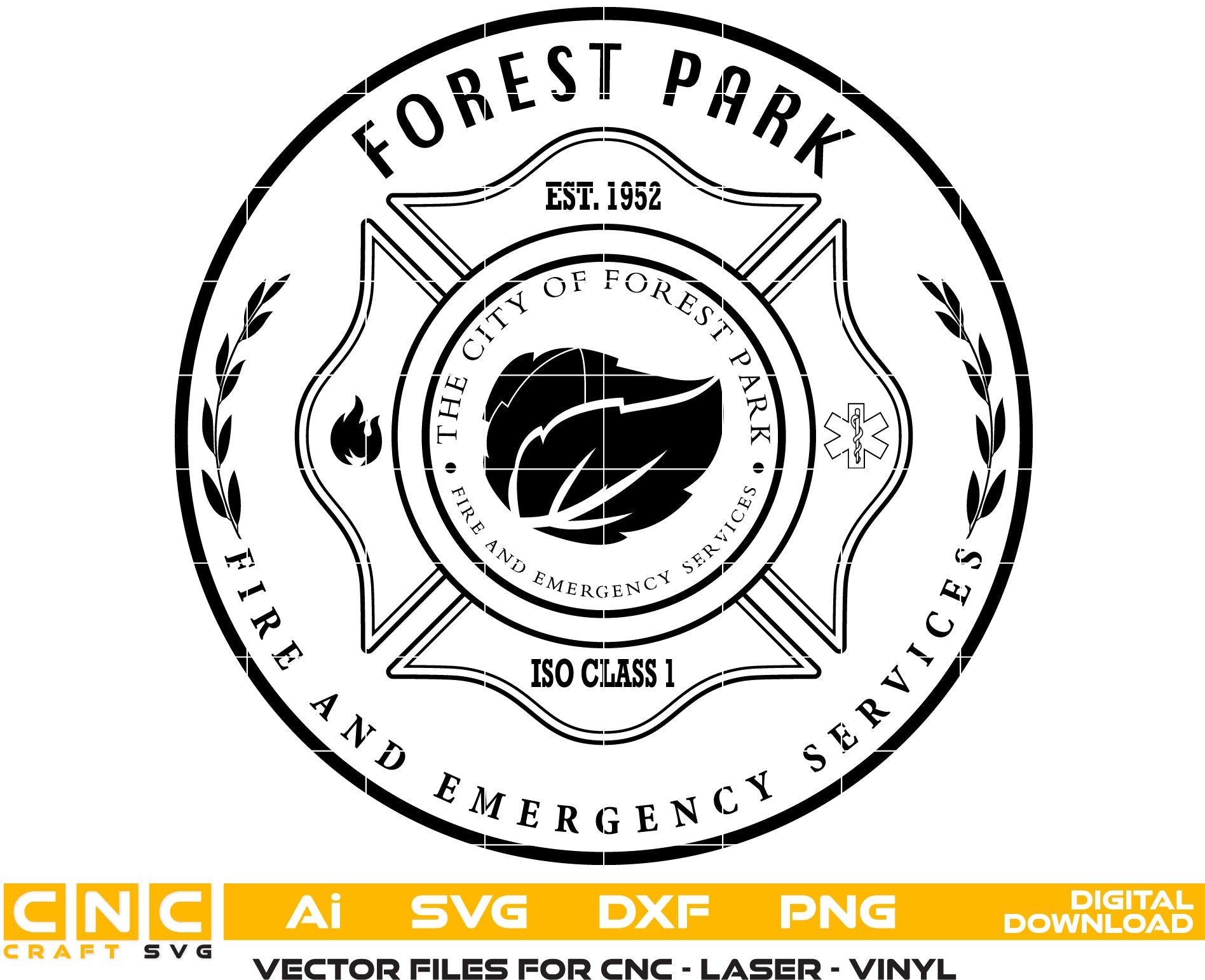 Forest Park Fire Emergency Services SVG

City of Forest Park Firefighter Vector

EMS Star of Life and Fire Emblem Engraving File

Firehouse Seal Patch Sign CNC File

Maltese Cross Fire Rescue Vector for Lasers