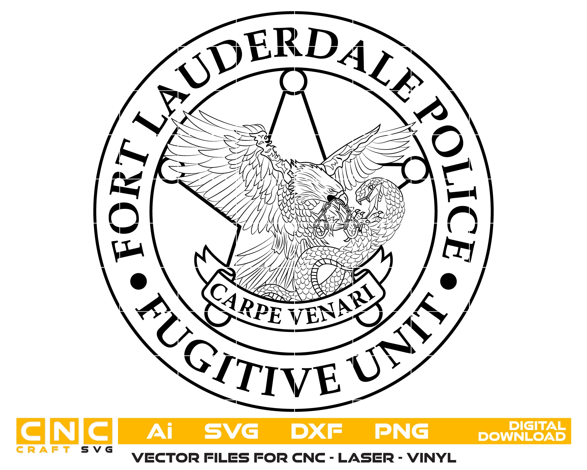Fort Lauderdale Police Fugitive Unit SVG

Florida Law Enforcement Vector Design

Eagle and Snake Police Patch Engraving File

Fort Lauderdale FL Police Sign CNC File

Fugitive Unit Emblem Vector for Laser Cutting