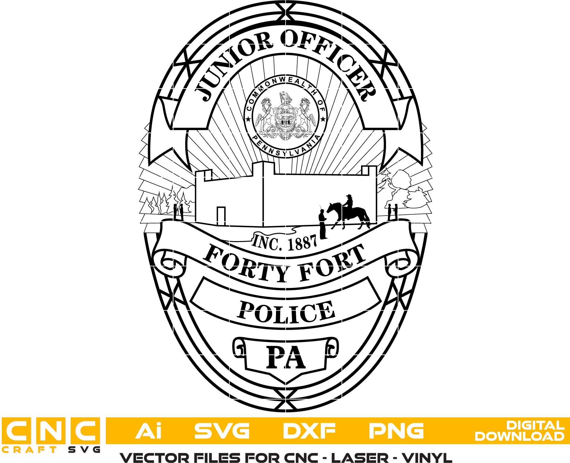 Forty Fort Junior Police Officer Badge SVG

Pennsylvania Youth Law Enforcement Shield Vector

Commonwealth of PA Seal Engraving File

Forty Fort Junior Badge Sign CNC File

Junior Police Shield Vector for Lasers