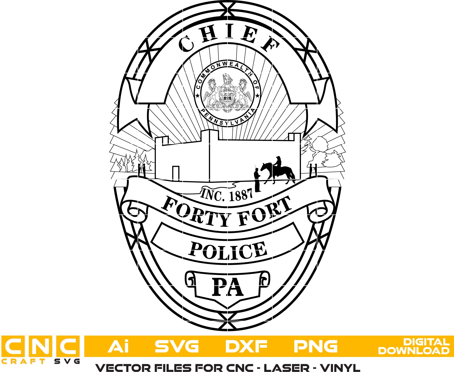 Forty Fort Police Chief Badge SVG

Pennsylvania Law Enforcement Shield Vector

Commonwealth of PA Seal Engraving File

Forty Fort Police Badge Sign CNC File

Police Chief Shield Vector for Lasers