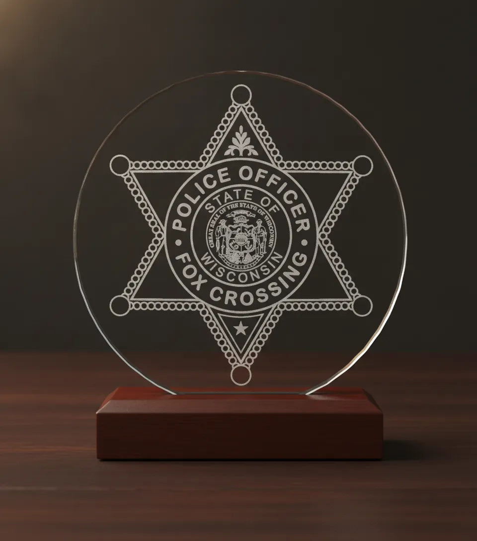 Fox Crossing Police Badge SVG

Wisconsin Law Enforcement Vector

Fox Crossing Police Emblem

Officer Plaque Engraving File

Police Badge Sign CNC File