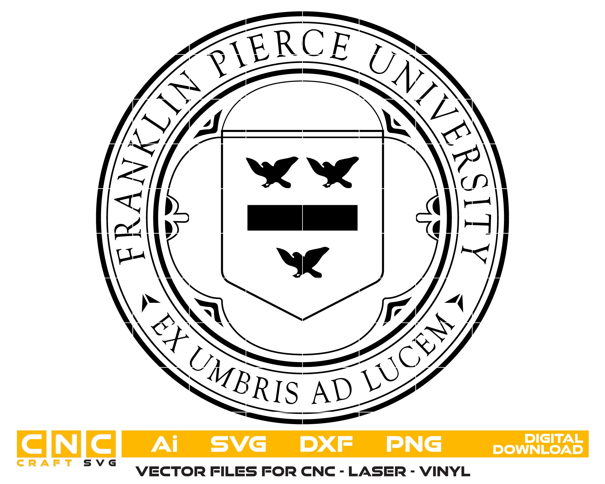Franklin Pierce University Logo SVG

Collegiate Academic Seal Vector Design

University Shield Engraving File

Franklin Pierce NH Sign CNC File

FPU Ravens Logo Vector for Lasers